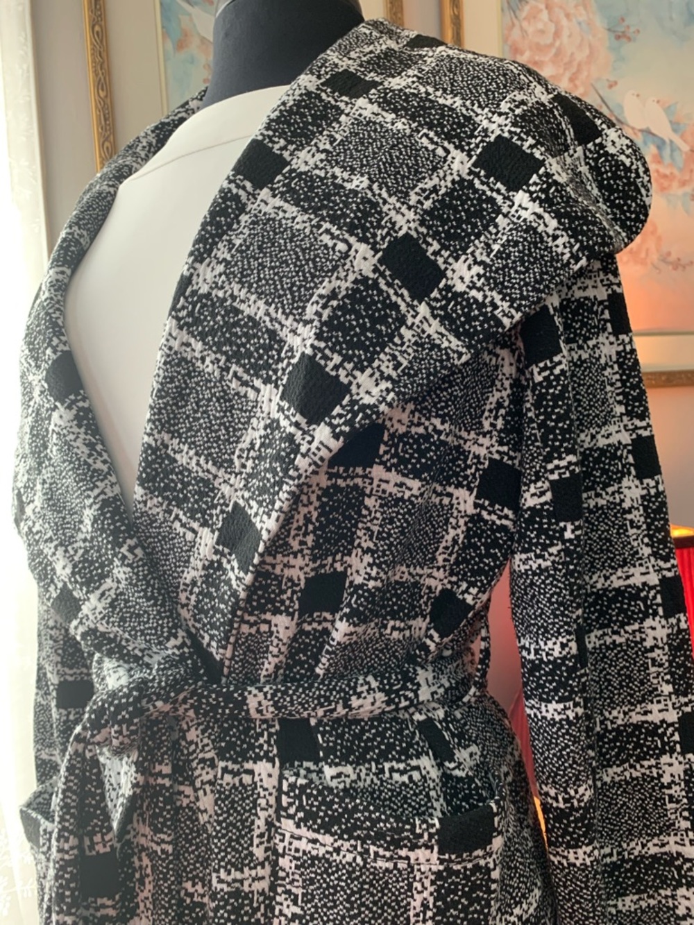 Shinestar Black & White Plaid Windowpane Knit Open Front Cardigan